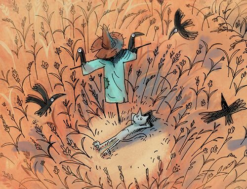 After a Swim - book illustration - cat dreaming laid in a corn field under a scarecrow