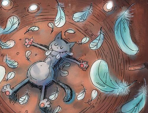 After a Swim - book illustration - cat leaping upon the pigeons