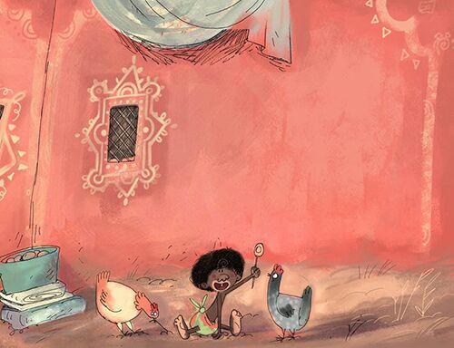 After a Swim - book illustration - child in the village with chickens